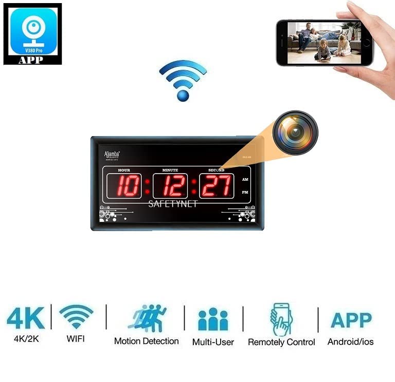 Spy WiFi Digital Wall Clock New Model 1080p HD Audio Video Recording Watch Live 24 Hours Surveillance Nanny Hidden Wireless Security Spy Camera for Home 128gb Supported,RED-BLACK