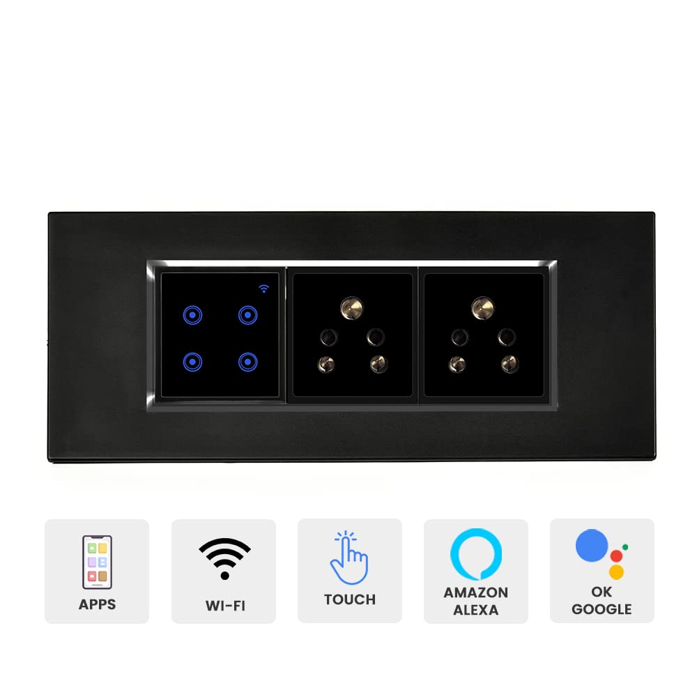 6 Modular Smart Switch Board | 2 Smart Switch Control, 2 Socket | German Engineering Product that fits Indian Standards (Compatible with Alexa, OK Google & SIRI Shortcut) (Size: 6M- 220 x 90 x 45 mm)