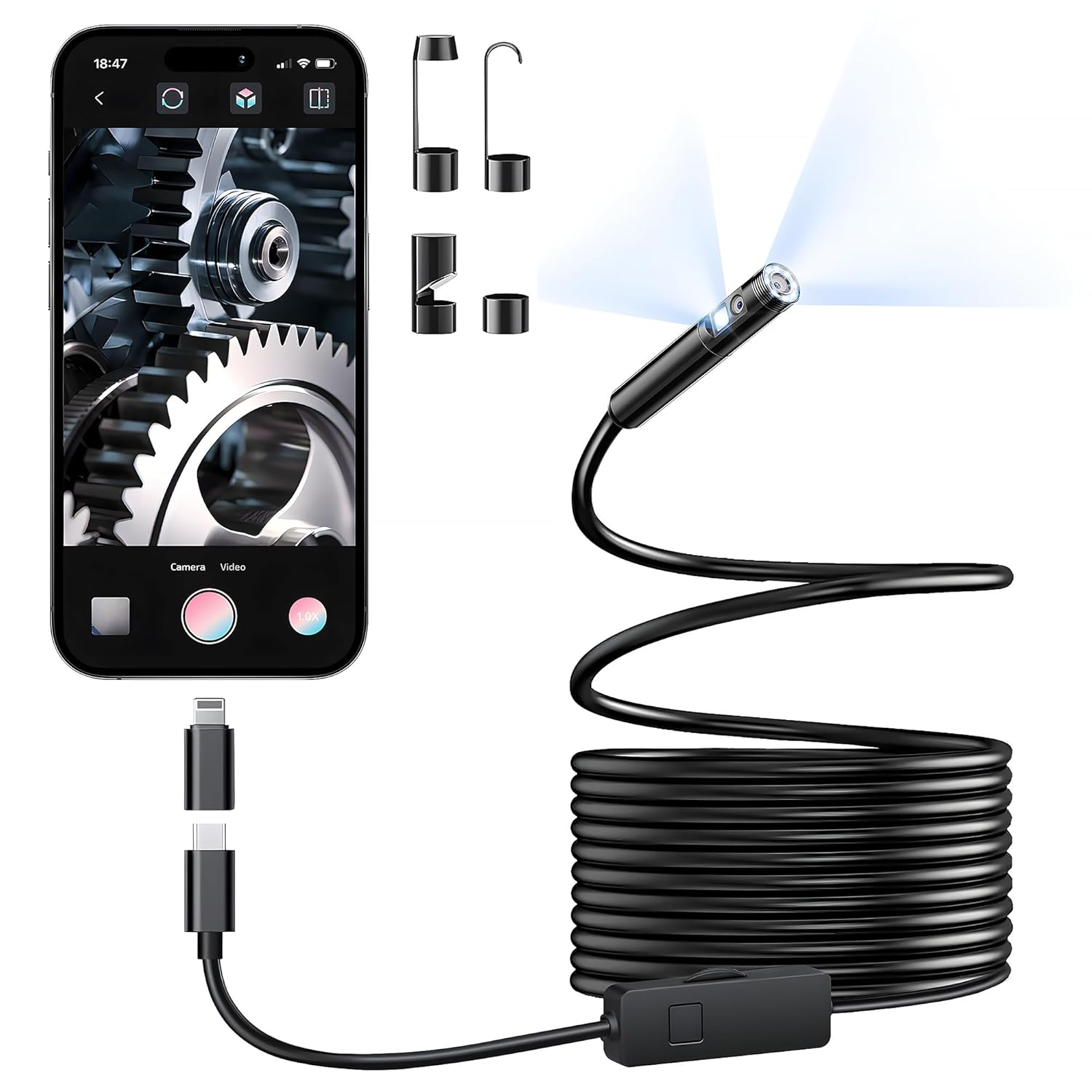 Endoscope Camera with Light, 1920P HD Borescope with 8+1 Adjustable LED Lights, IP67 Waterproof 16.5FT Semi-Rigid Snake Cord Inspection Camera
