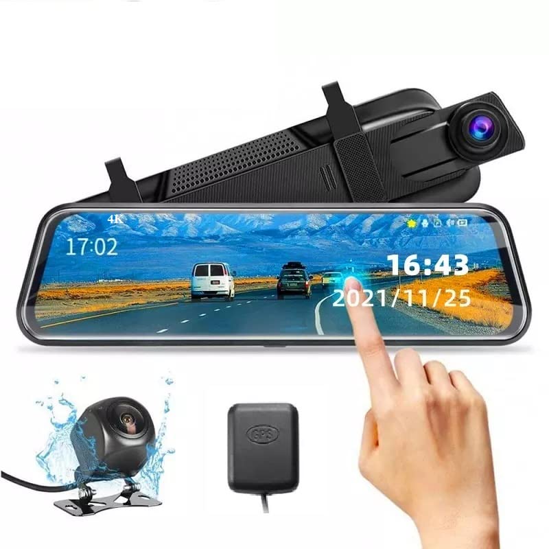 Touchscreen Mirror Dash Cam Backup Camera 10'' UHD 4K Front and 1080P Rear View Mirror Dual Cameras for Cars,GPS,WiFi,Parking Monitor,Night Vision,Smart Reverse Parking Assistance