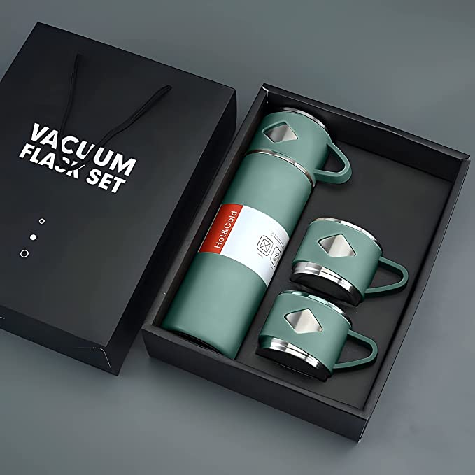 Steel Vacuum Flask Set with 2 Steel Cups Combo-Keeps HOT/Cold-Ideal Gift (MULTI) 500 ml Bottle
